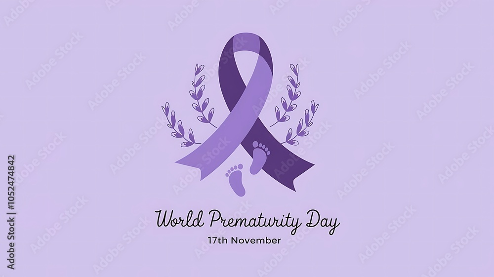 Fototapeta premium World Prematurity Day Graphic with Purple Ribbon, Delicate Footprints, and Lavender Elements on a Soft Lavender Background