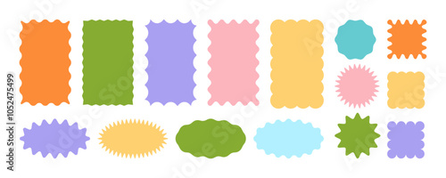 Set of zigzag and wavy edge stickers in rectangle, oval and circle shapes. Vector jagged geometric designs. Abstract elements perfect for frames, stamps, templates, promotional materials, web design
