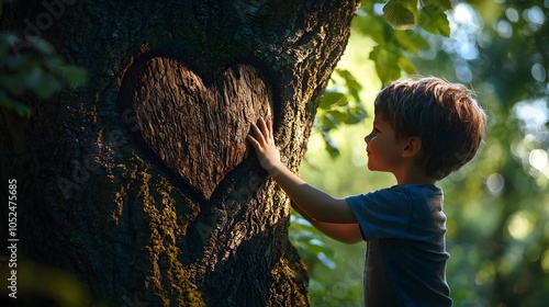 A Boy s Magical Connection with a Tree s Heart Shaped Knot in the Peaceful Outdoors photo