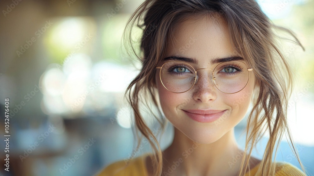 Obraz premium Young woman with glasses smiles warmly while engaging in a relaxed indoor setting during the daytime