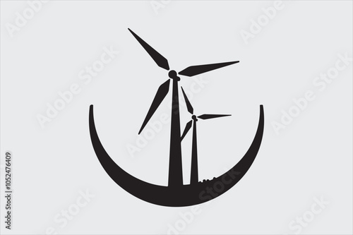 Black and white silhouette of two wind turbines.