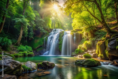 Serene Small Waterfall Surrounded by Lush Forest - Nature Photography
