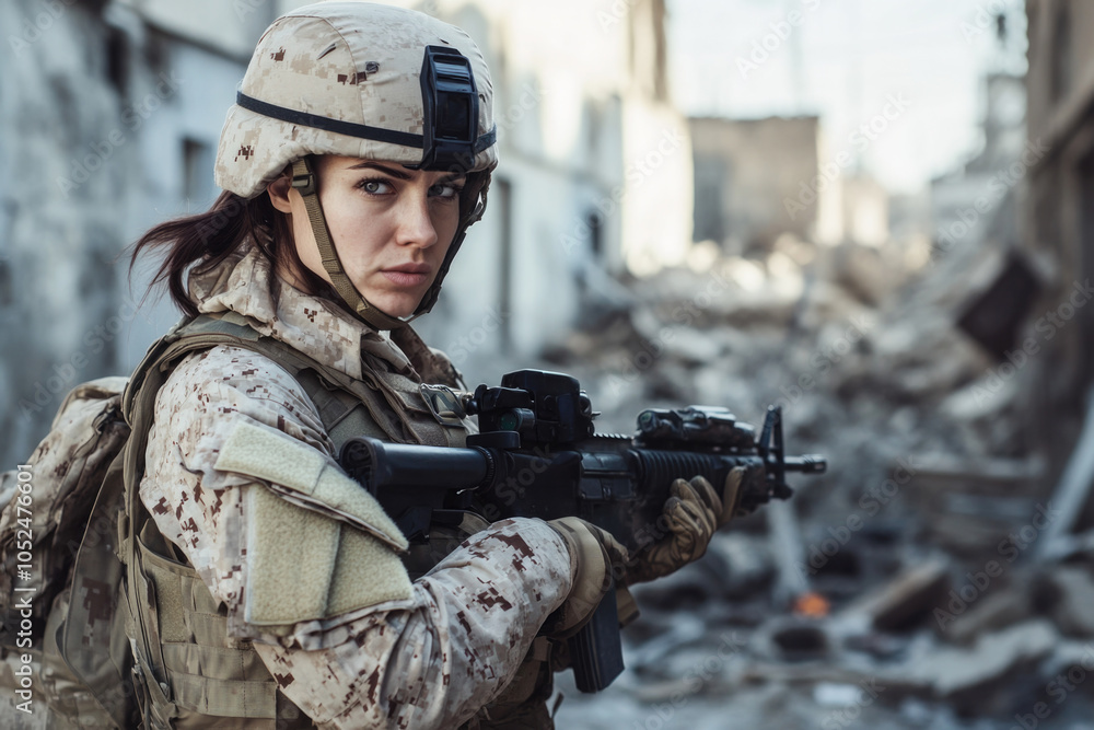 Fototapeta premium Female soldier in combat gear holding rifle standing amidst war-torn ruins in urban battlefield