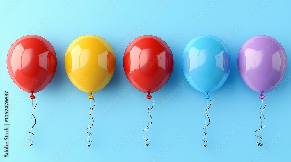 Five colorful balloons with ribbons against a blue background, ideal for celebrations. Five colorful balloons with ribbons against a blue background, ideal for celebrations.