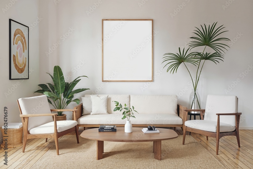 Fototapeta premium Bright minimalist living room with sofa, plants, and blank frame for artwork mockup