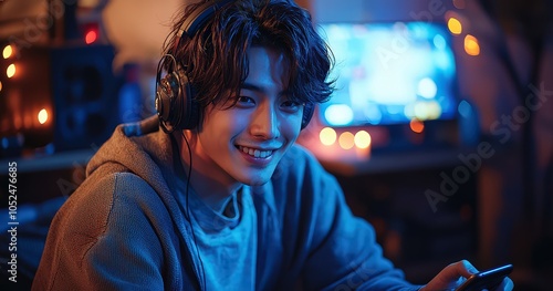 A happy young Asian man is playing video games on his phone in the living room, wearing headphones and smiling while sitting at home with neon lights around him. 