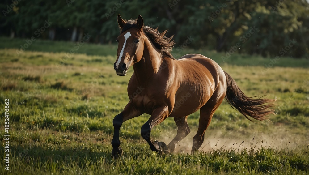Fototapeta premium Brown horse running through a grassy field