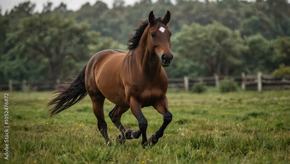 Brown horse running through a grassy field Brown horse running through a grassy field