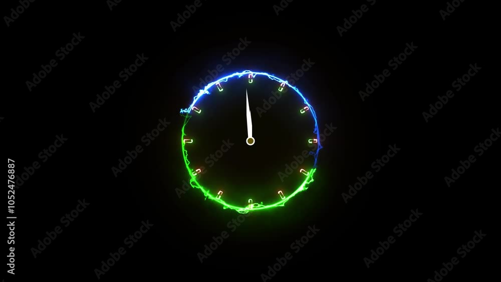 Glowing clock green and blue animation in neon circle on black background. Glowing clock green and blue animation in neon circle on black background.