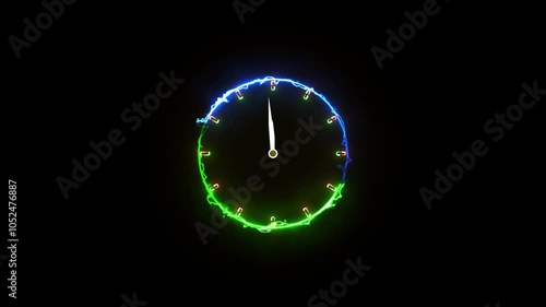 Glowing clock green and blue animation in neon circle on black background.