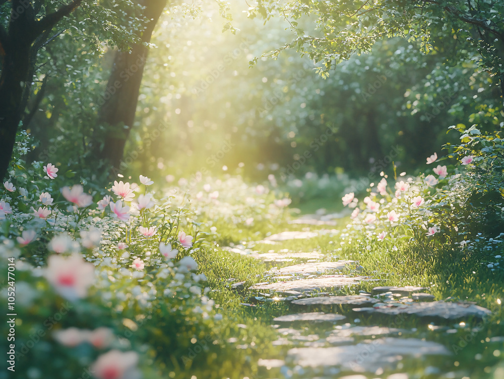Fototapeta premium stone path through magical sunlight filled forest with pink flowers