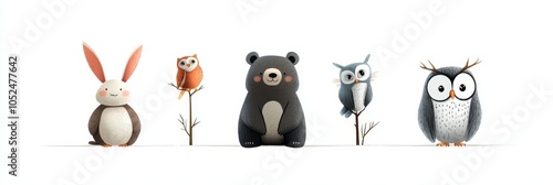 A set of adorable wild animals including a bear, rabbit, and owl, perfect for children's illustrations, greeting cards, and other creative projects. These cute characters are sure to bring joy and whi photo