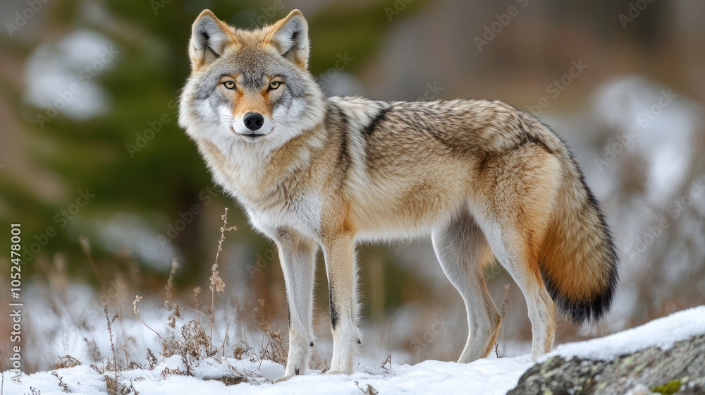 A Coyote Standing in a Snowy Forest with Blurry Background A Coyote Standing in a Snowy Forest with Blurry Background