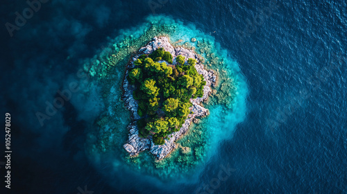 aerial view of lush green island surrounded by turquoise ocean water in croatian adriatic sea