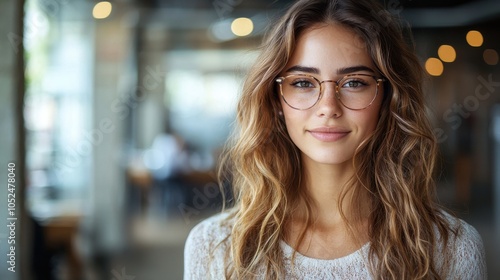 Young woman with glasses smiling warmly in a cozy cafe during the day, surrounded by soft lighting and relaxed atmosphere