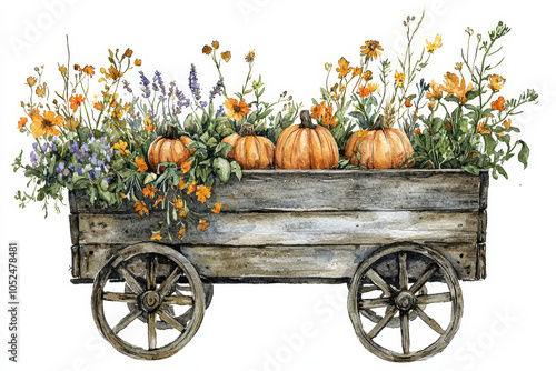 A rustic wagon filled with vibrant flowers and pumpkins, perfect for autumn decorations and seasonal charm.