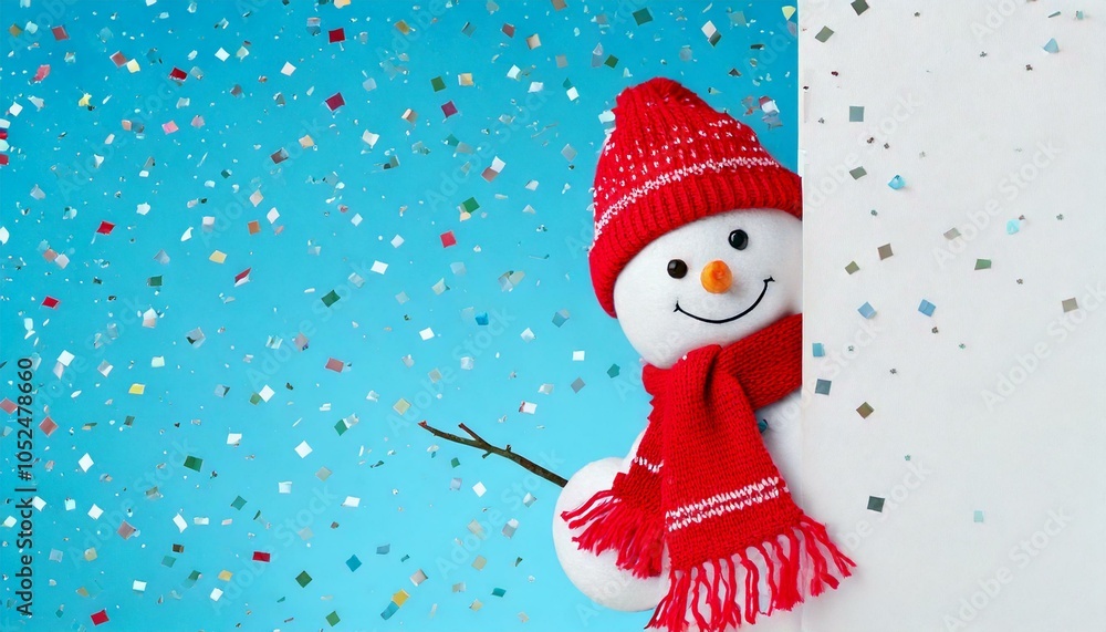 Naklejka premium cute snowman peeking out from the side of a white wall wearing a red scarf and beanie with glittery confetti raining down with a blue background