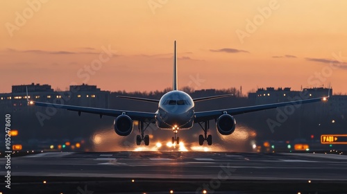 Airplane landing on runway with orange sunset in the background.