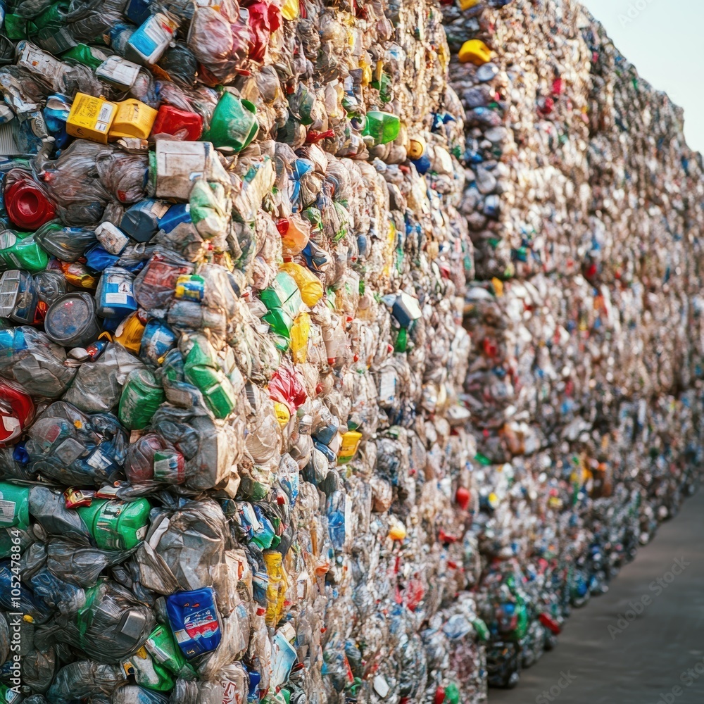 Stacks of colorful plastic waste bales at a recycling facility, showcasing environmental concerns. Stacks of colorful plastic waste bales at a recycling facility, showcasing environmental concerns.