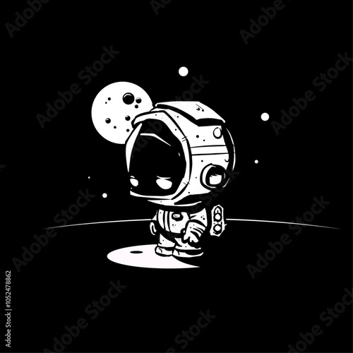 Astronaute triste, seul dans le noir et qui s'est sans doute trompé de destination, en voyant la lune  en arrière plan.