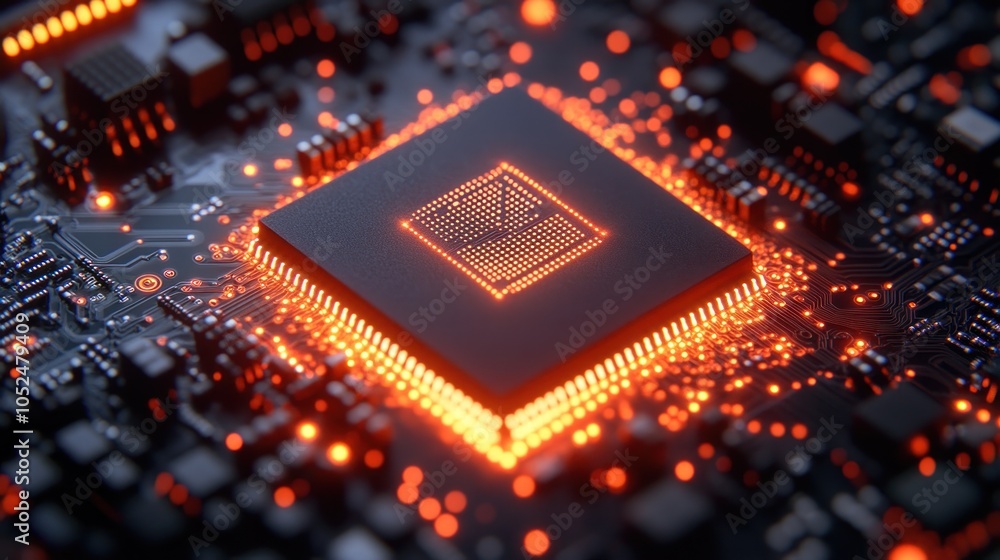 Closeup of a glowing CPU chip on a circuit board. Closeup of a glowing CPU chip on a circuit board.