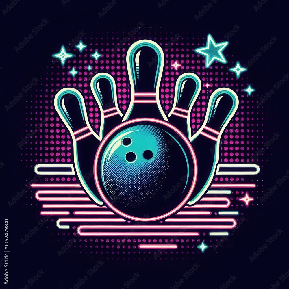 Fototapeta premium A vibrant and retro-inspired illustration featuring bowling pins and a ball, perfect for promoting bowling alleys, sports events, or youth activities.