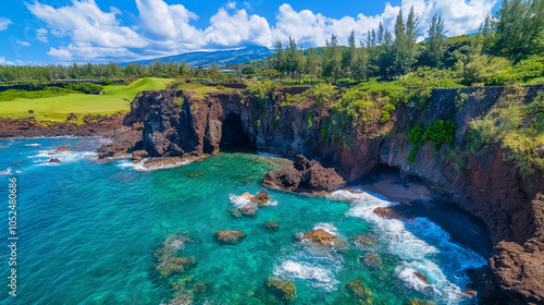 An aerial view of rugged cliffs and crystal-clear turquoise water below,