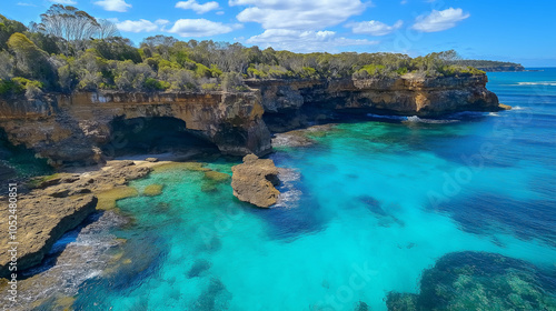 An aerial view of rugged cliffs and crystal-clear turquoise water below,