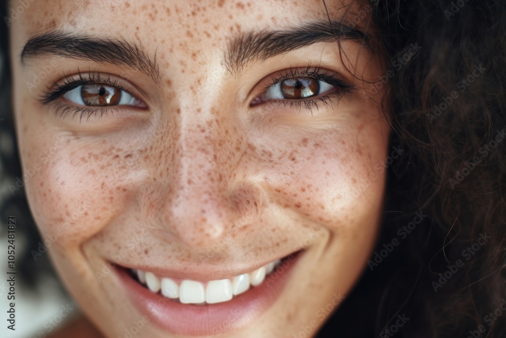 Freckle smiling adult woman. Freckle smiling adult woman.