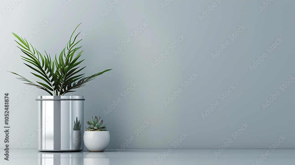 Fototapeta premium A tall, metallic pedestal with a reflective chrome finish, standing against a minimalist backdrop with sharp, clean lines