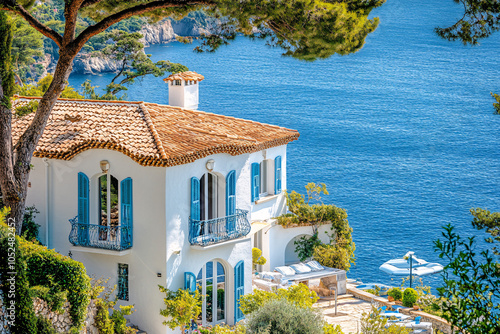 mediterranean villa with blue shutters and a view of the sea on a sunny day