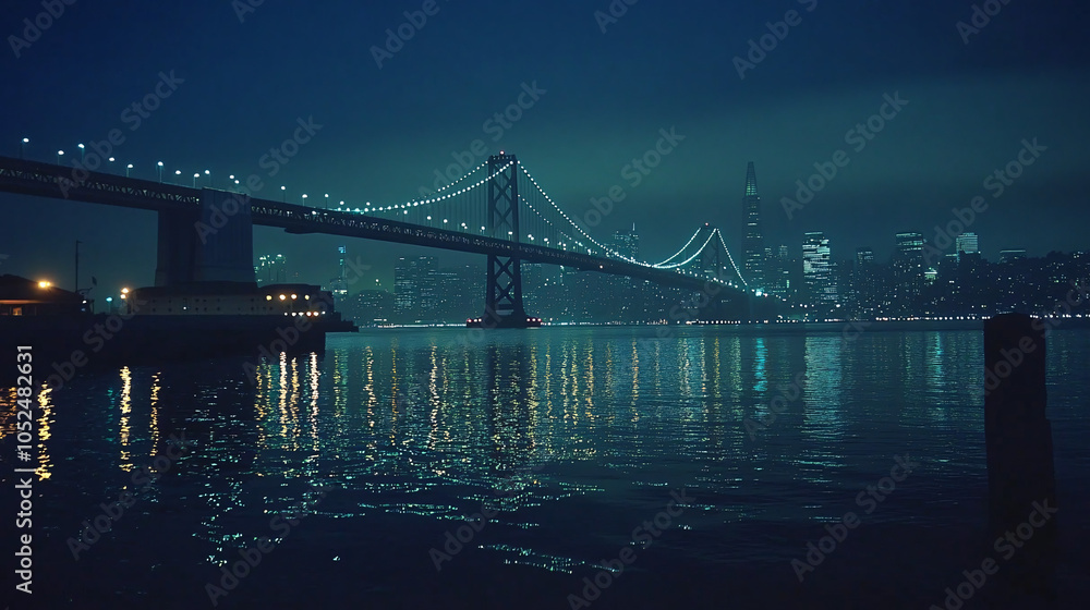 Fototapeta premium dark blue and green nighttime cityscape with lights reflecting on water and bridge in san francisco