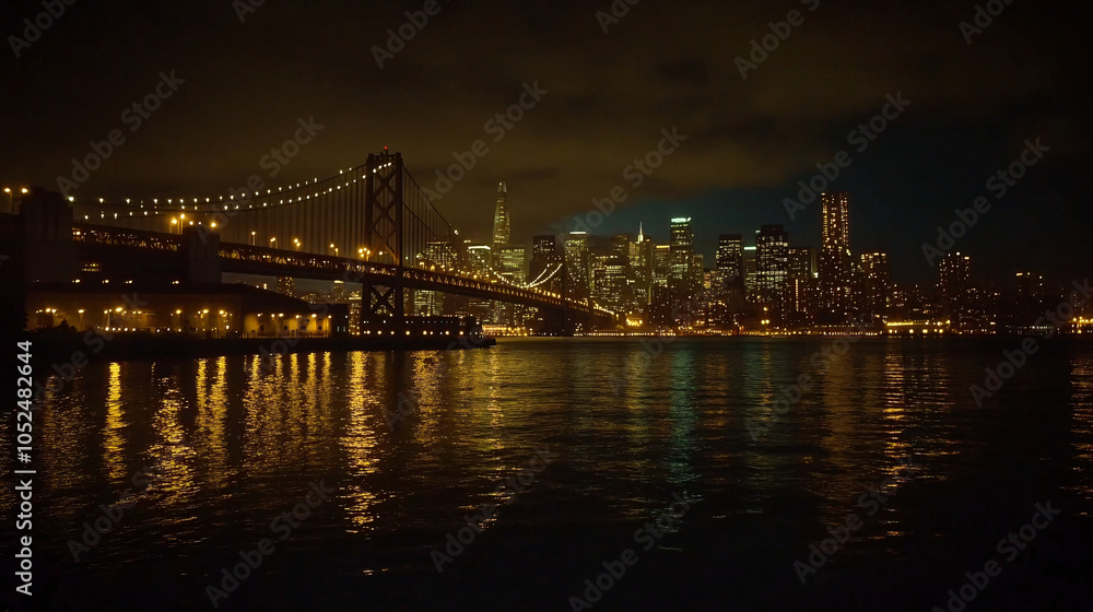 Fototapeta premium night view of san francisco skyline with golden gate bridge reflections in water