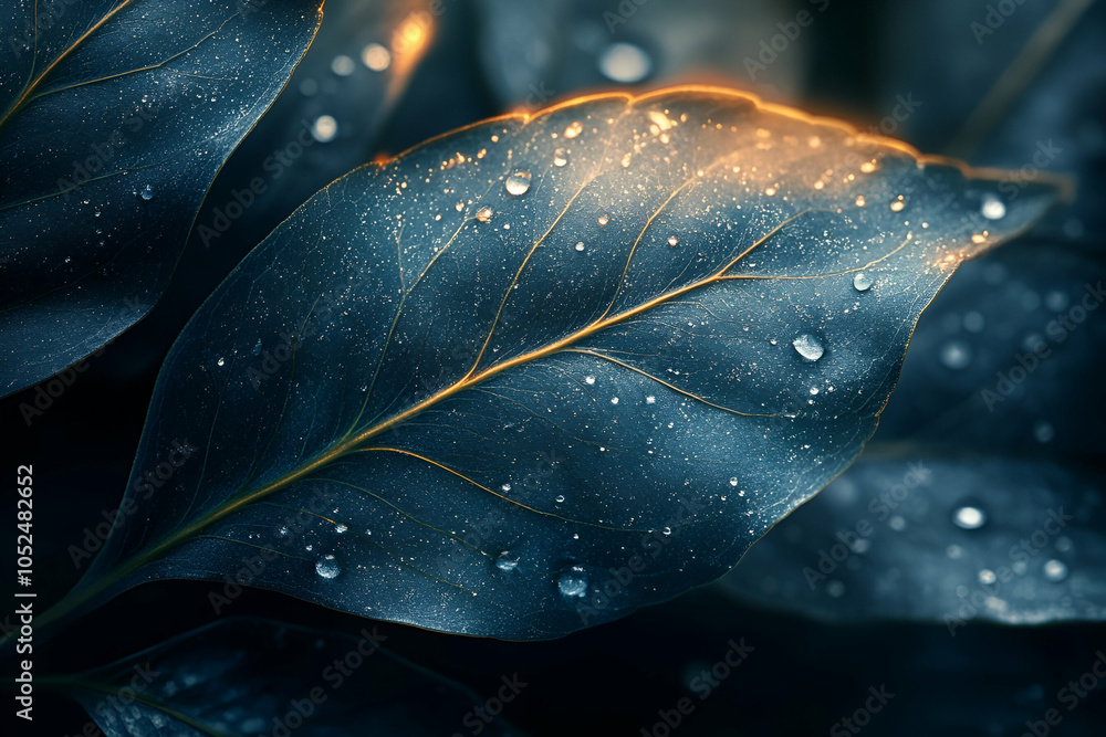 Obraz premium Close-up of dark green leaves with water droplets, creating a fresh and serene atmosphere.