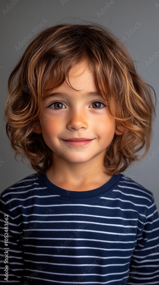 Portrait of a Young Boy with Curly Brown Hair and a Striped Shirt Portrait of a Young Boy with Curly Brown Hair and a Striped Shirt