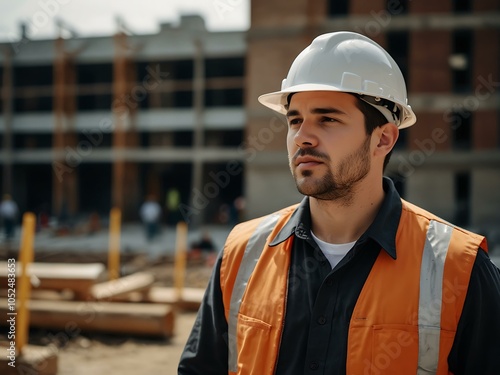 Construction worker in a hard hat at an urban building site.