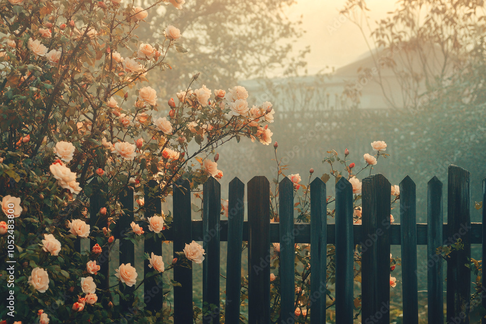Obraz premium vintage pink rose bush growing in front of a wooden fence in a foggy garden at sunset