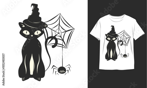 Black Cat Spooky Happy Halloween horror creative R I P grave star dead ghost vector illustration t-shirt design card skull magic pumpkin