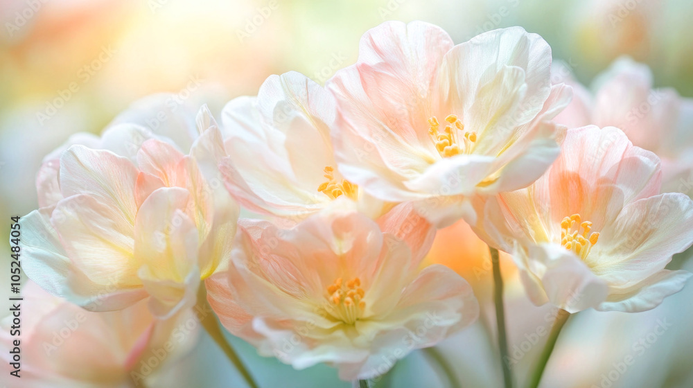 Soft pastel tulips in bloom with gentle sunlight and bokeh background Soft pastel tulips in bloom with gentle sunlight and bokeh background