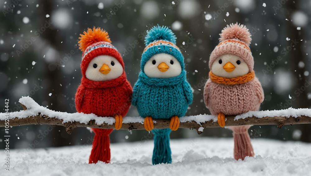 Cute birds in knit hats perched on a snowy branch. Cute birds in knit hats perched on a snowy branch.