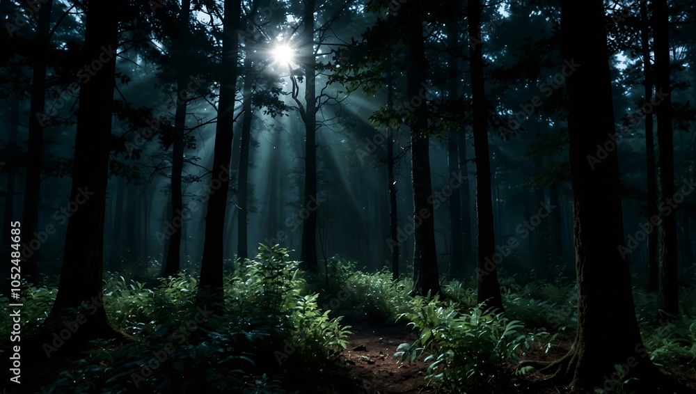 Obraz premium Dark forest with rays of moonlight.