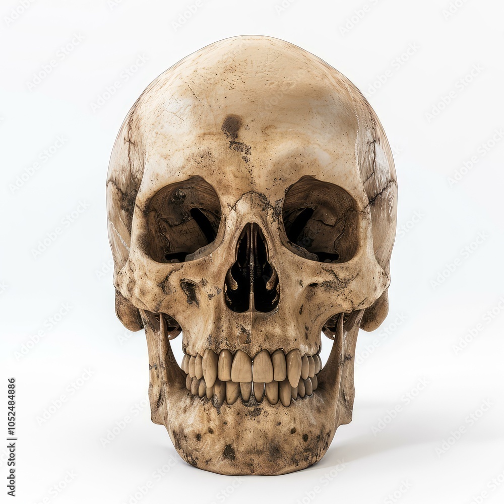 Fototapeta premium Frontal view of a human skull showing teeth against a white background