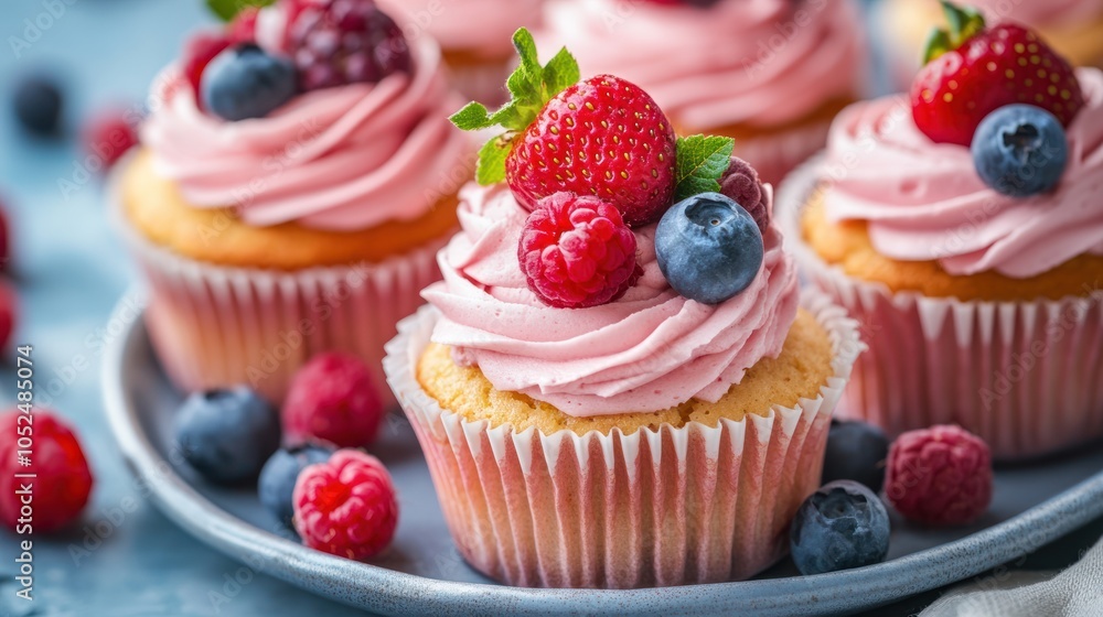 Close up of pink cupcakes with white frosting and topped with fresh berries. Close up of pink cupcakes with white frosting and topped with fresh berries.