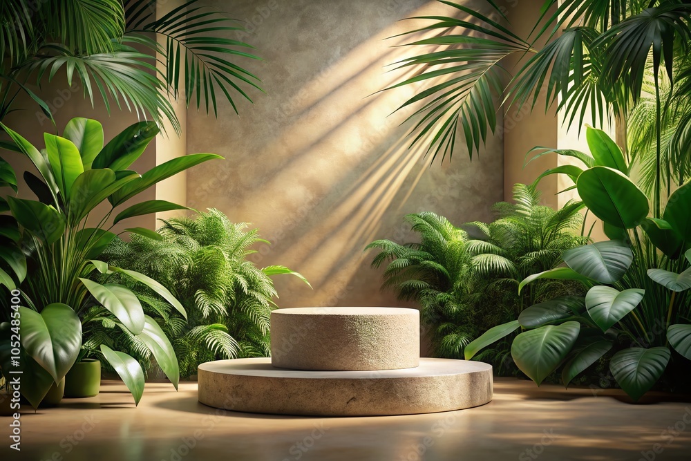 Fototapeta premium Stone Podium Mockup with Tropical Plants in Low Light for Product Presentation on Beige Background