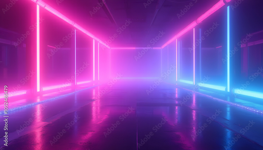 Futuristic neon corridor background with pink and blue lights Futuristic neon corridor background with pink and blue lights