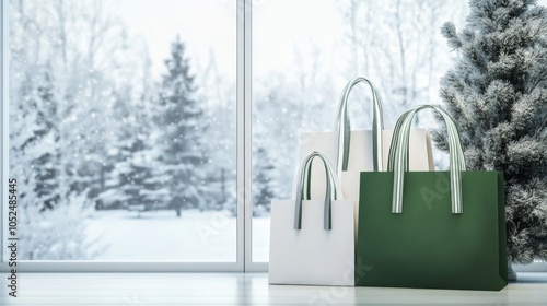 A collection of elegant shopping bags sits beside a frosty window, showcasing a winter landscape filled with snow-covered trees.