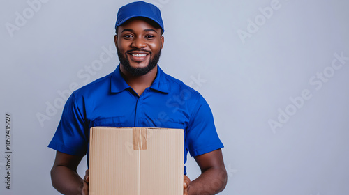 Smiling Delivery Man in Blue Uniform Holding Package on White Background
 photo