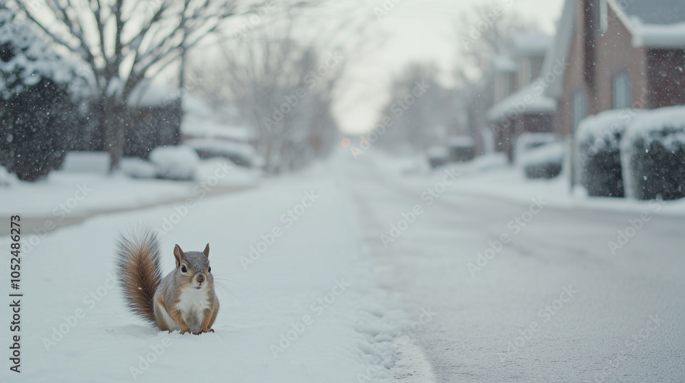 Squirrel on Snowy Street with Holiday Decoration in Neighborhood Yard Squirrel on Snowy Street with Holiday Decoration in Neighborhood Yard