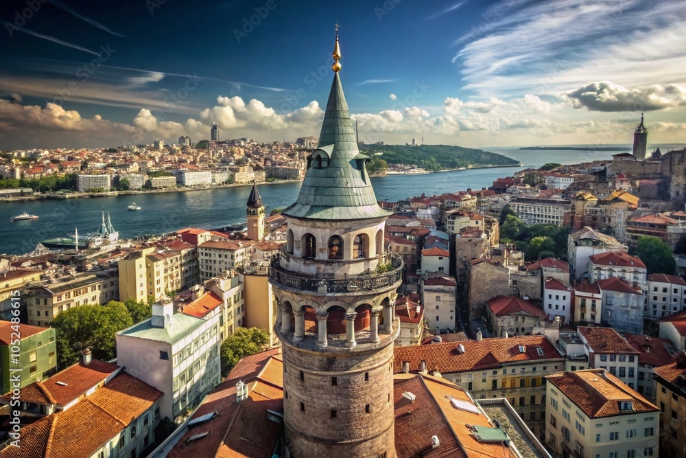 Obraz premium Stunning Aerial View of Galata Tower with Istanbul's Skyline and Bosphorus River, Perfect for Travel and Architecture