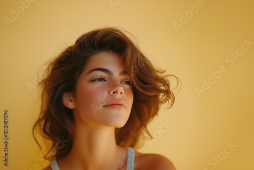 Young woman with wavy hair against yellow background